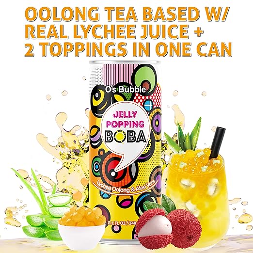 O’s Bubble Jelly Popping Boba Lychee Oolong Tea w/ Aloe Vera 16.2oz 爆爆珠 荔枝 乌龙茶 芦荟果粒